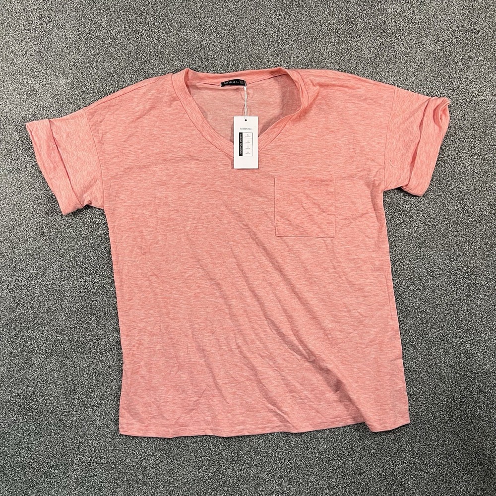 MIHOLL Women's Large Pink V Neck T Shirt Pocket Short Sleeve NWT Casual